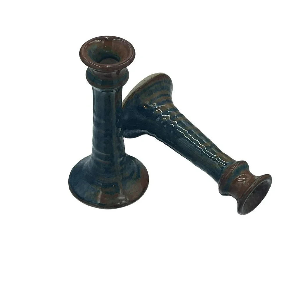 Studio Pottery Pair Of Candlestick Holder Drip Glaze Blue Brown Artist Signed 6”